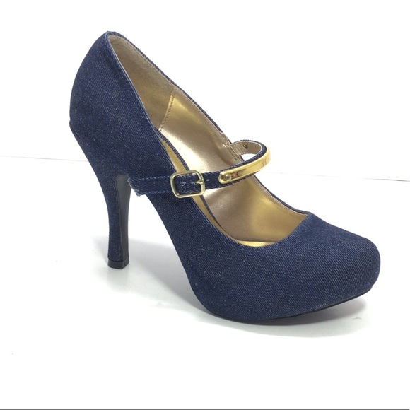 Qupid Denim Platform Metallic Mary Jane Stilettos - Picture 4 of 12